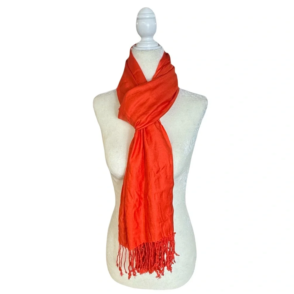 Orange pashmina with fringe EUC long 74” x 21” - Picture 2 of 4